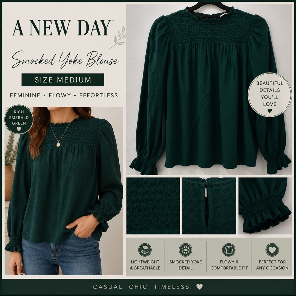A New Day Emerald Green Smocked Yoke Blouse Size M Long Sleeve Flowy Top